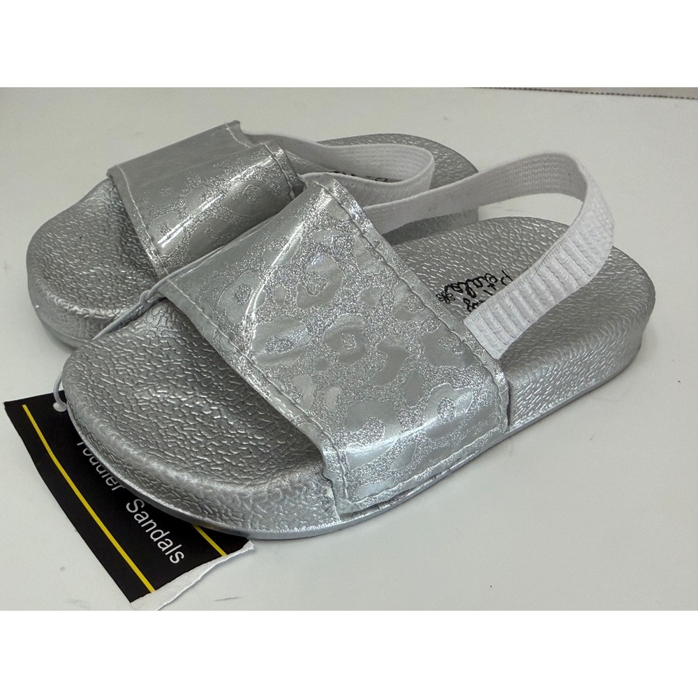 Simply Petals Toddler Sandals Silver‎ Metallic Leopard Print Elastic Strap 5/6T
